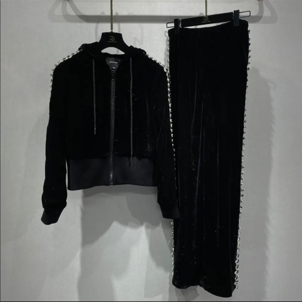 “AREA”copy:crystal trim wide leg track pant and crystal stud hoodie set
